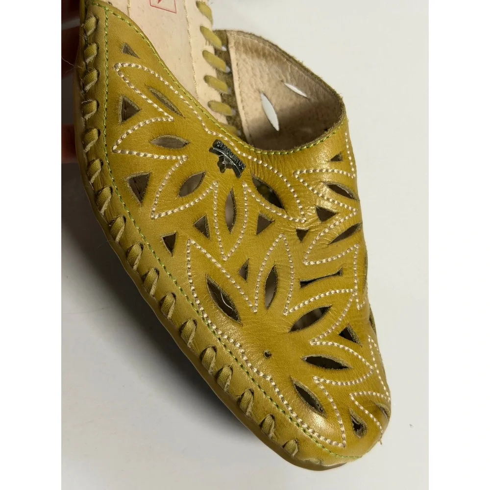 Pikolinos Sandals Olive Green Leather Laser Cut Out Ankle Strap Heels 36 Women